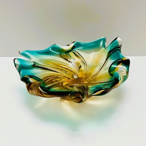 Vintage Mid-Century Handblown Murano Turquoise & Amber Star Bottom Glass Decor - Picture 4 of 6